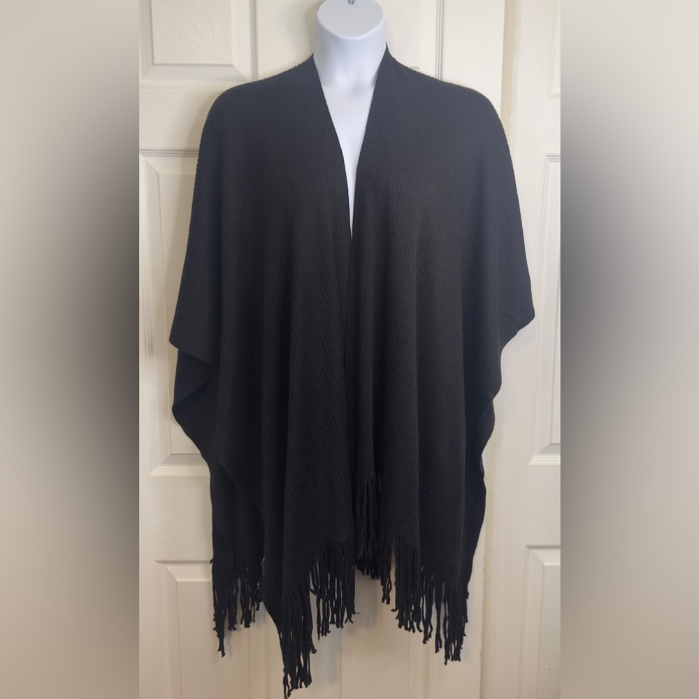 Motto Black Fringe Wrap Cape Poncho Scarf - One Size